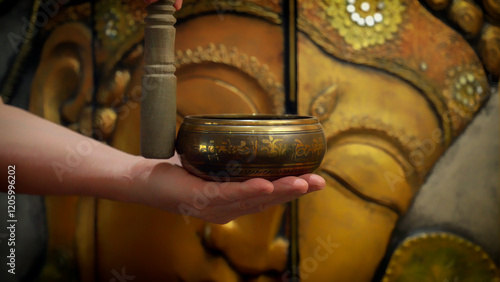 Obraz na płótnie Hands playing tibetan singing bowl in front of buddha statue w salonie