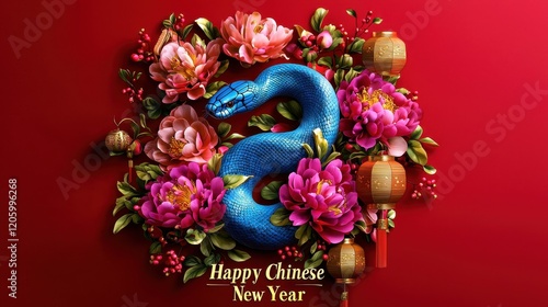 Wallpaper Mural Festive Chinese New Year Artwork Featuring Colorful Snake and Vibrant Floral Elements on Red Background Torontodigital.ca