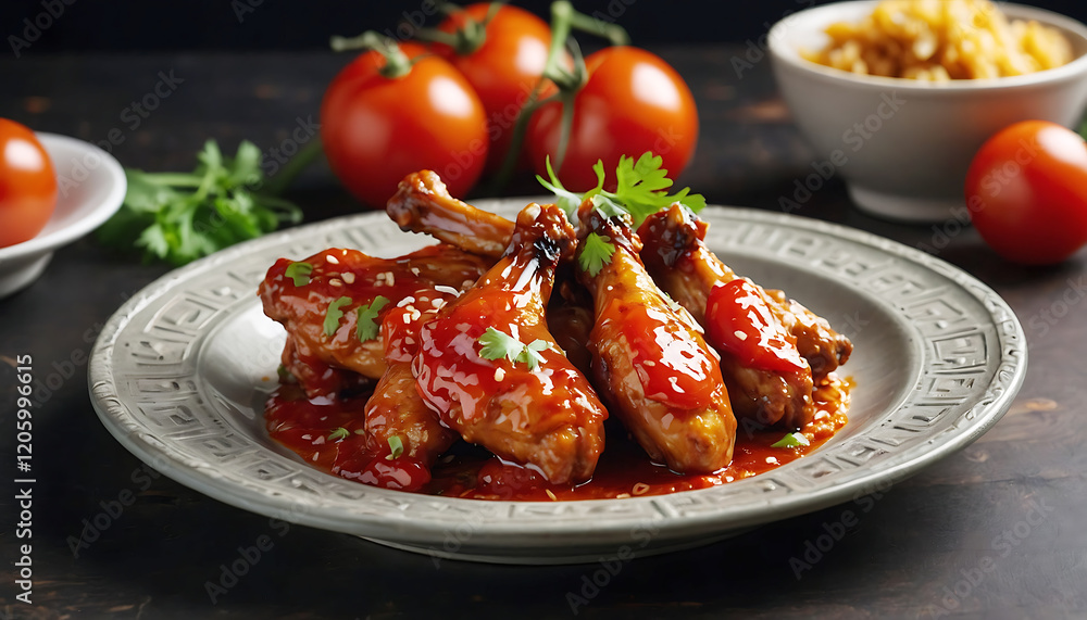 Hot, Crispy and Delicious fried chicken with tomato Sause, lettuce and chili Sause Hot, Crispy and Delicious fried chicken with tomato Sause, lettuce and chili Sause