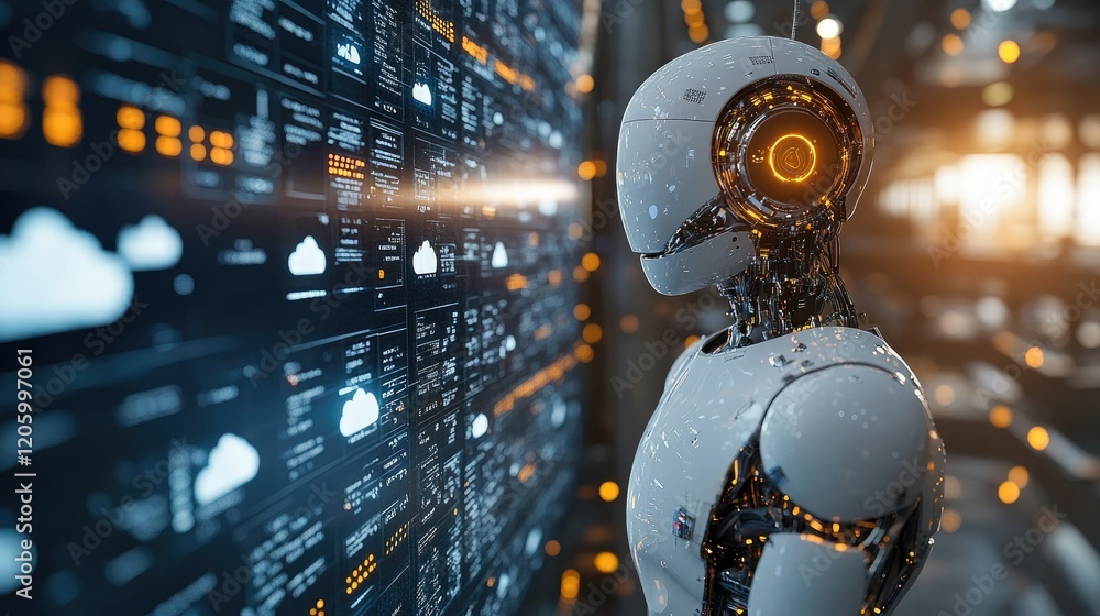 A humanoid robot stands beside a digital display of data, embodying advanced technology and innovation. A humanoid robot stands beside a digital display of data, embodying advanced technology and innovation.