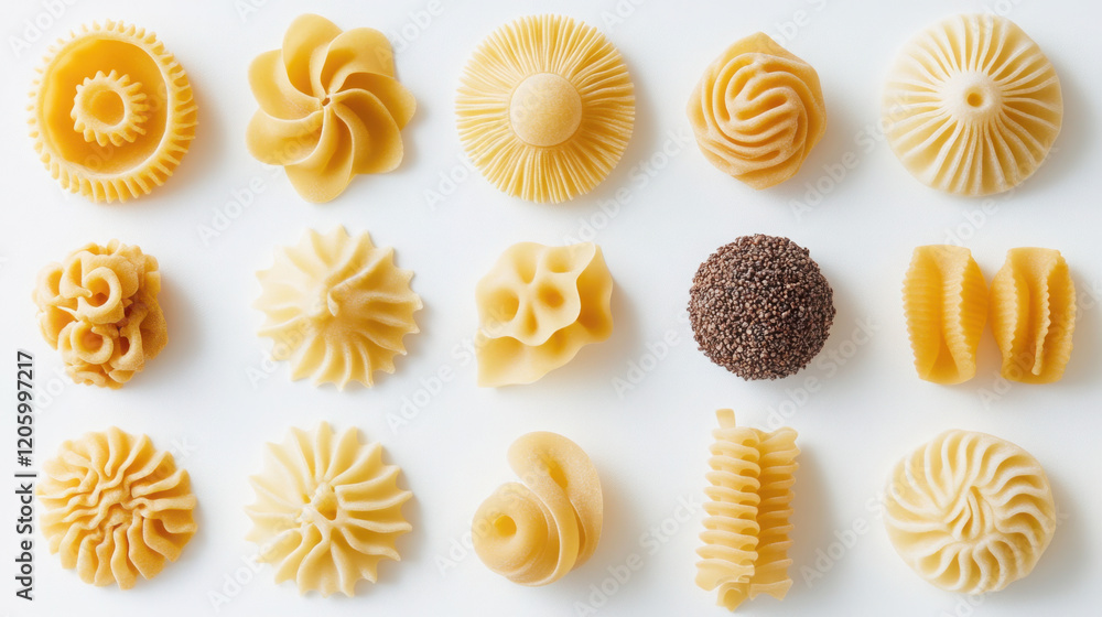 Selection of organic gluten-free pasta varieties displayed in artistic patterns Selection of organic gluten-free pasta varieties displayed in artistic patterns