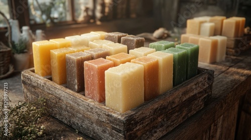 A collection of colorful soaps in a wooden crate.