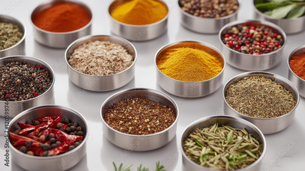 Close-up of various spices and seasonings for culinary inspiration and flavor enhancement Close-up of various spices and seasonings for culinary inspiration and flavor enhancement