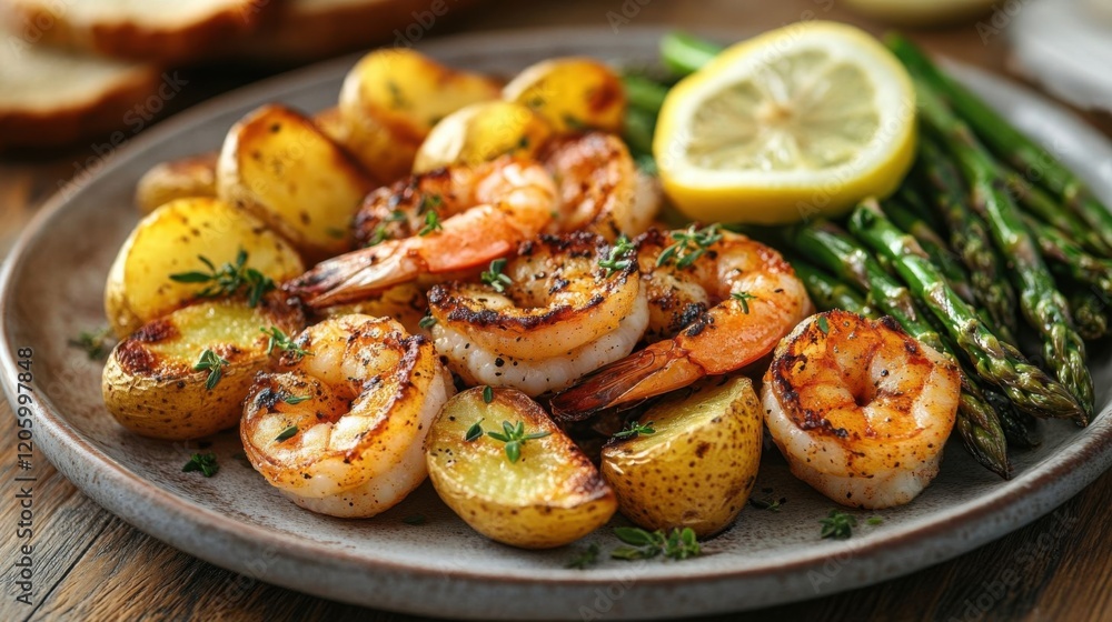 A plate of shrimp and veggies. A plate of shrimp and veggies.