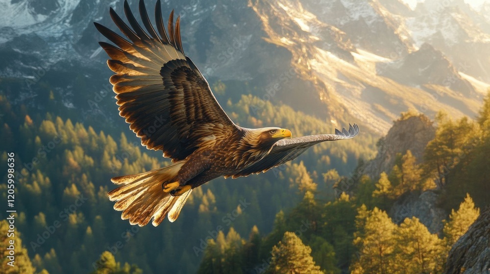 Obraz premium Majestic eagle soaring over mountains.