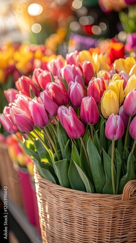 Pink, red, white and yellow tulips in a wicker basket with sunlight and bokeh at a flower market, for Women’s Day, Mother’s Day and spring holidays

