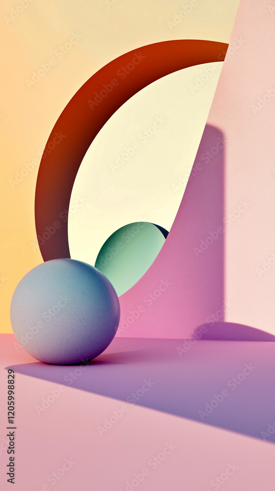 Abstract composition featuring colorful geometric shapes and soft shadows in a minimalistic setting