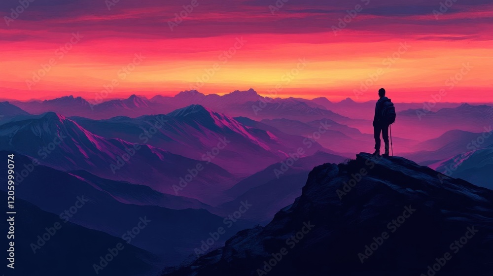 Hiker on a mountain peak at dawn. Hiker on a mountain peak at dawn.