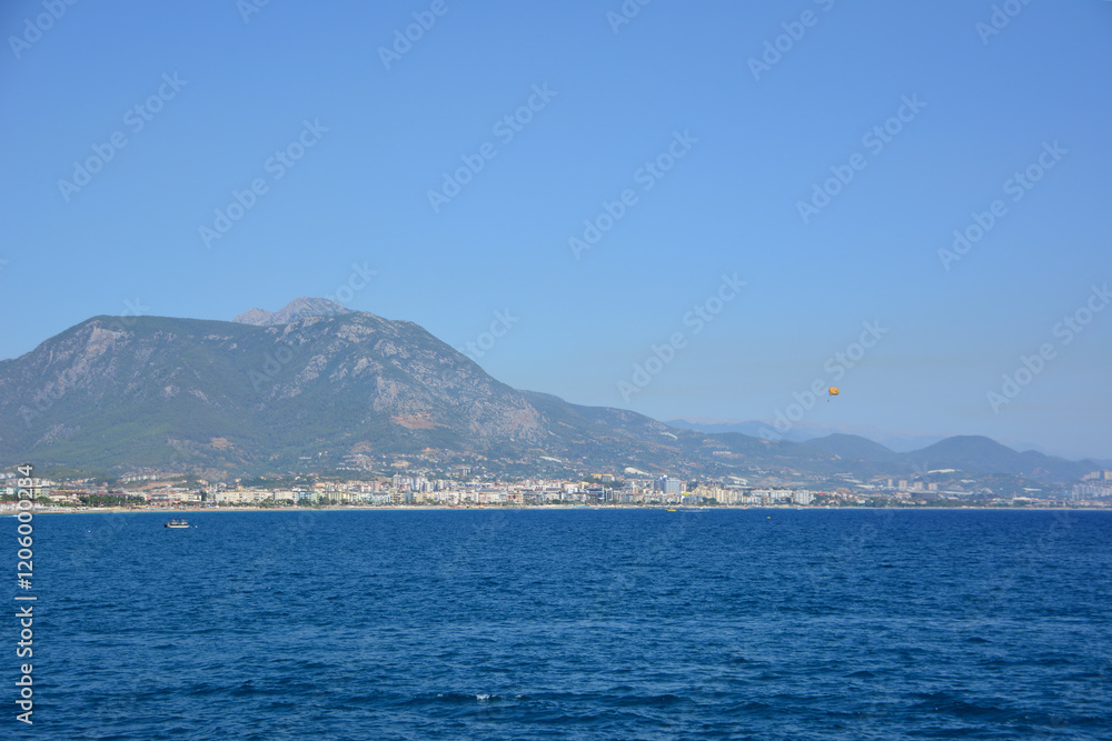 Mediterranean Coastline with city and mountains copy space Mediterranean Coastline with city and mountains copy space