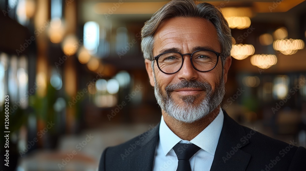 Confident businessman smiles, lobby background, portrait. Use corporate headshot Confident businessman smiles, lobby background, portrait. Use corporate headshot