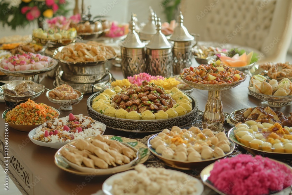 Vibrant Iftar spread featuring an array of traditional and modern dishes on a communal table, celebrating family traditions during Ramadan gatherings Vibrant Iftar spread featuring an array of traditional and modern dishes on a communal table, celebrating family traditions during Ramadan gatherings