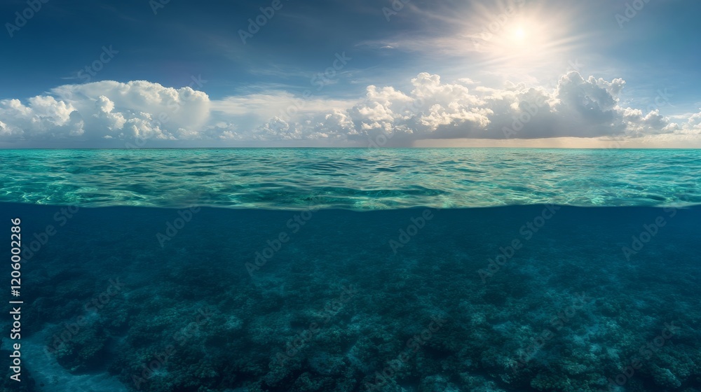 Obraz premium Wide-angle view captures colorful coral reef and diverse marine animals bathed in sunlight, highlighting textures in a serene, underwater environment
