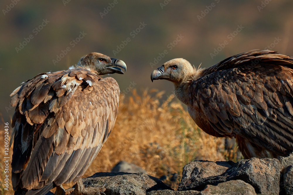Griffon vulture (Gyps fulvus) a large bird of prey. Wild vultures in the mountains of Bulgaria. Madzharovo, Eastern Rhodopes. Scavengers feed at sunrise. Wild live scene in nature. Griffon vulture (Gyps fulvus) a large bird of prey. Wild vultures in the mountains of Bulgaria. Madzharovo, Eastern Rhodopes. Scavengers feed at sunrise. Wild live scene in nature.