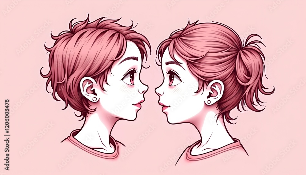 Pink-toned portrait of two girls facing each other with expressive features for artistic representation Pink-toned portrait of two girls facing each other with expressive features for artistic representation