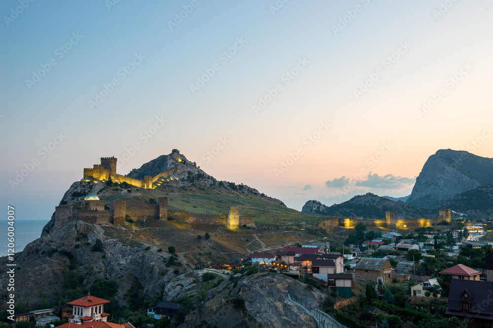 Evening view of the old picturesque Genoese fortress in the city of Sudak. Crimean Peninsula. Russia