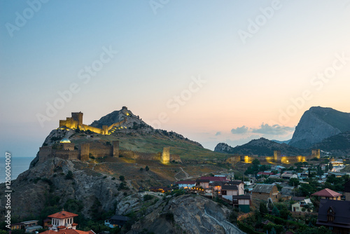 Obraz na płótnie Evening view of the old picturesque Genoese fortress in the city of Sudak. Crimean Peninsula. Russia w salonie