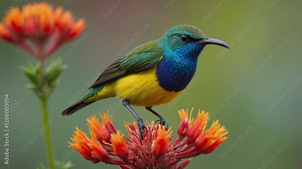 Yellow-chested, blue-headed sunbird, perched on red flower Yellow-chested, blue-headed sunbird, perched on red flower