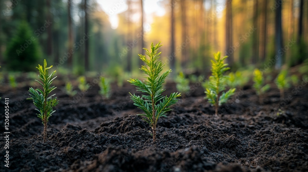 Rows of young evergreen seedlings planted in fertile soil, symbolizing reforestation efforts and environmental conservation, ideal for sustainability projects and educational campaigns. Rows of young evergreen seedlings planted in fertile soil, symbolizing reforestation efforts and environmental conservation, ideal for sustainability projects and educational campaigns.