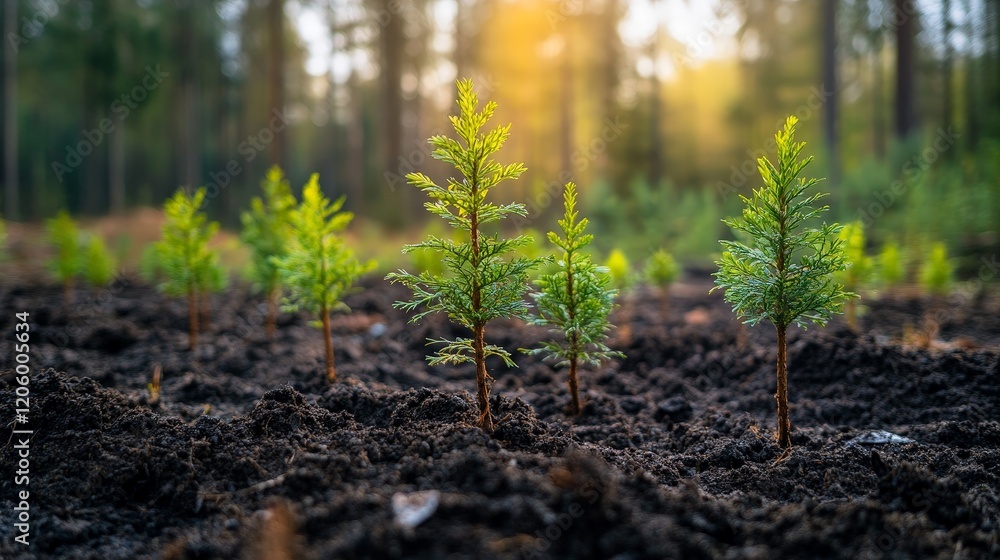 Rows of young evergreen seedlings planted in fertile soil, symbolizing reforestation efforts and environmental conservation, ideal for sustainability projects and educational campaigns. Rows of young evergreen seedlings planted in fertile soil, symbolizing reforestation efforts and environmental conservation, ideal for sustainability projects and educational campaigns.