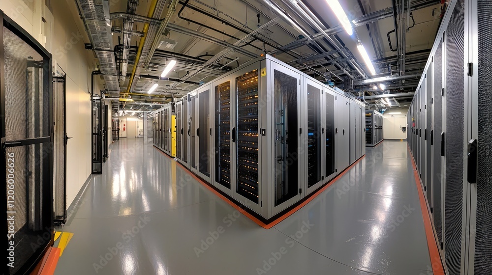 Detailed perspective of a secure data facility, featuring locked server racks and visible cooling systems for critical information safety. Detailed perspective of a secure data facility, featuring locked server racks and visible cooling systems for critical information safety.