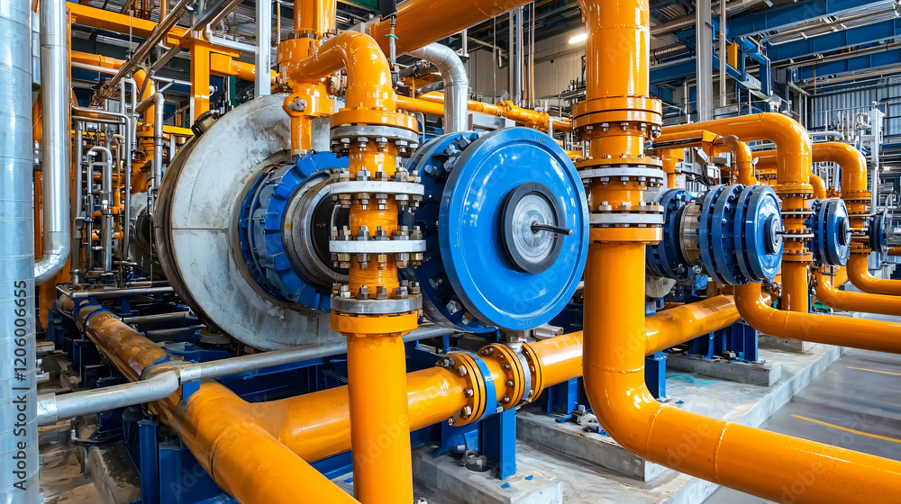 A large gas turbine system with rotating parts in a natural gas plant, surrounded by interconnected pipes. A large gas turbine system with rotating parts in a natural gas plant, surrounded by interconnected pipes.