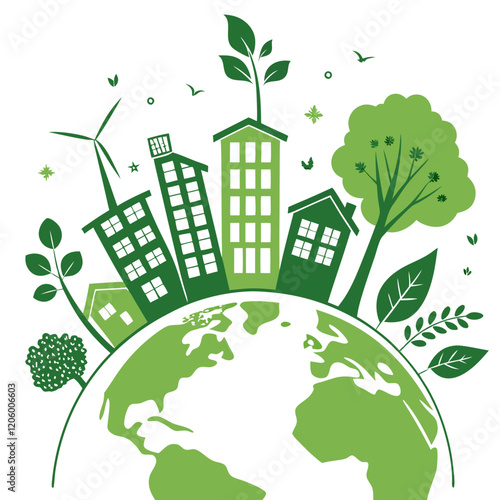 A green cityscape and houses atop a globe, symbolizing sustainability and environmental awareness 