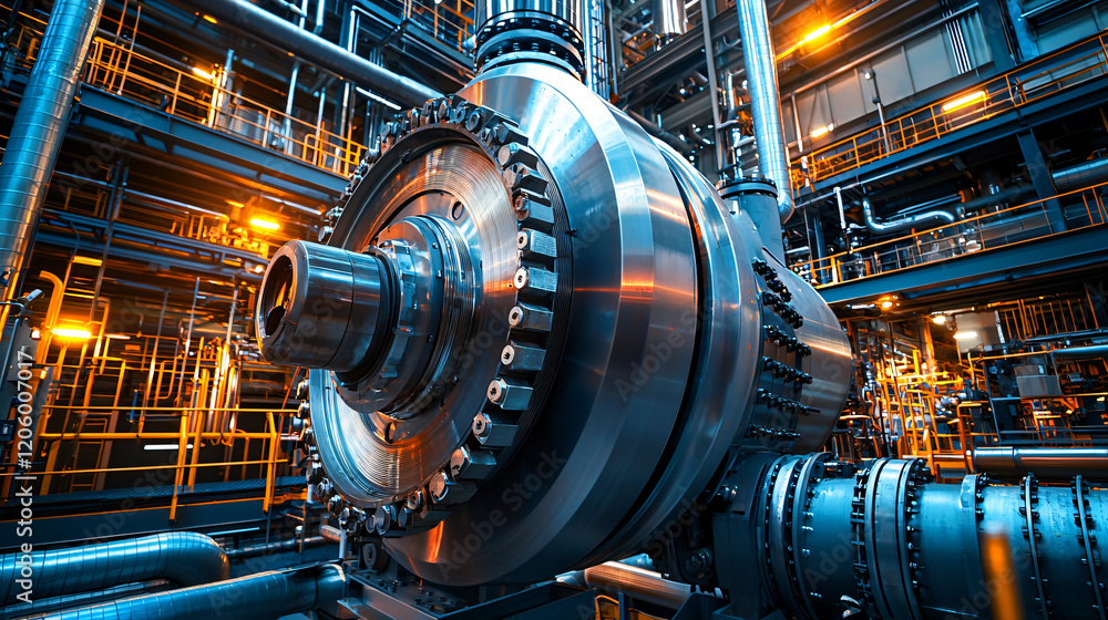 A large gas turbine system with rotating parts in a natural gas plant, surrounded by interconnected pipes. A large gas turbine system with rotating parts in a natural gas plant, surrounded by interconnected pipes.