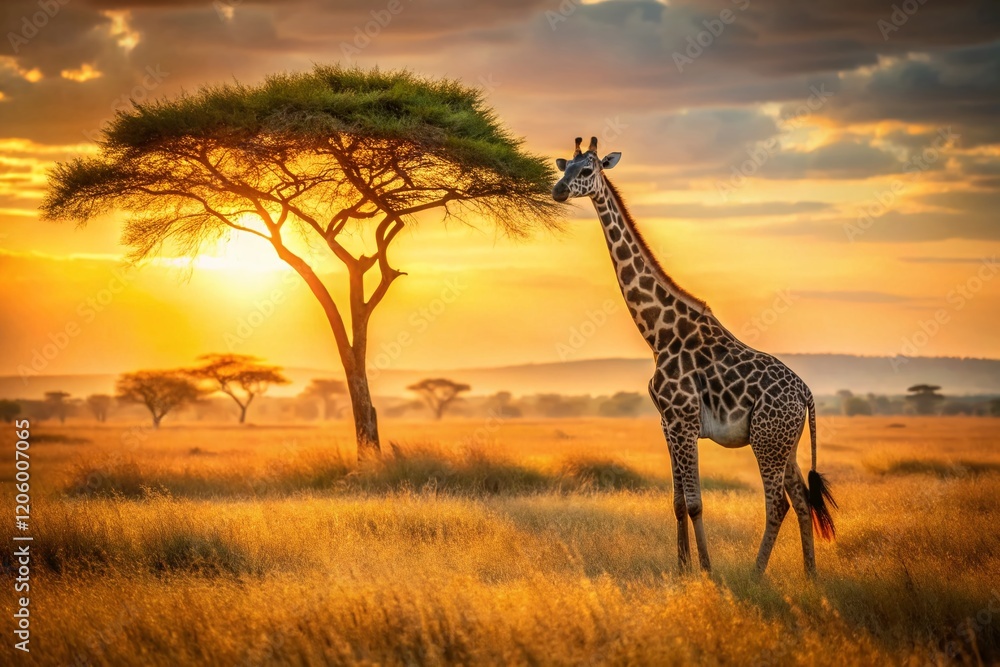 Obraz premium Graceful Giraffe in Golden African Savanna: Wildlife Beauty Stock Photo