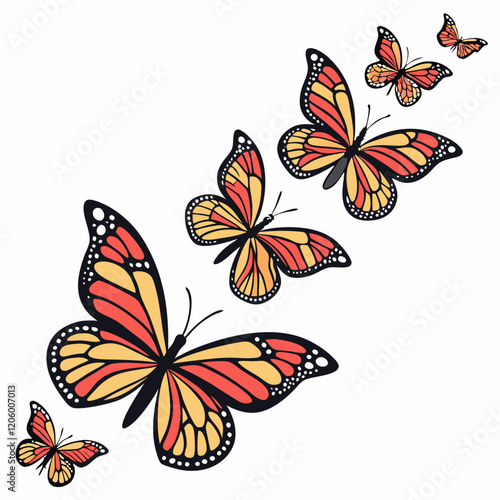 A collection of stylized, brightly colored butterflies arranged diagonally on a white background 