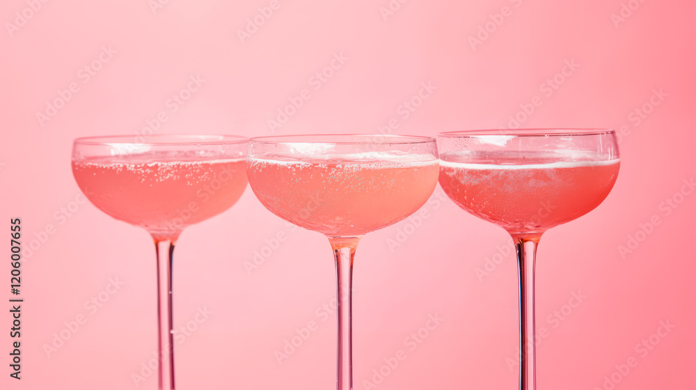 Three red cocktails in coupe glasses on pink background Three red cocktails in coupe glasses on pink background