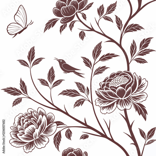A detailed, monochromatic floral pattern with peonies, birds, and butterflies on a white background