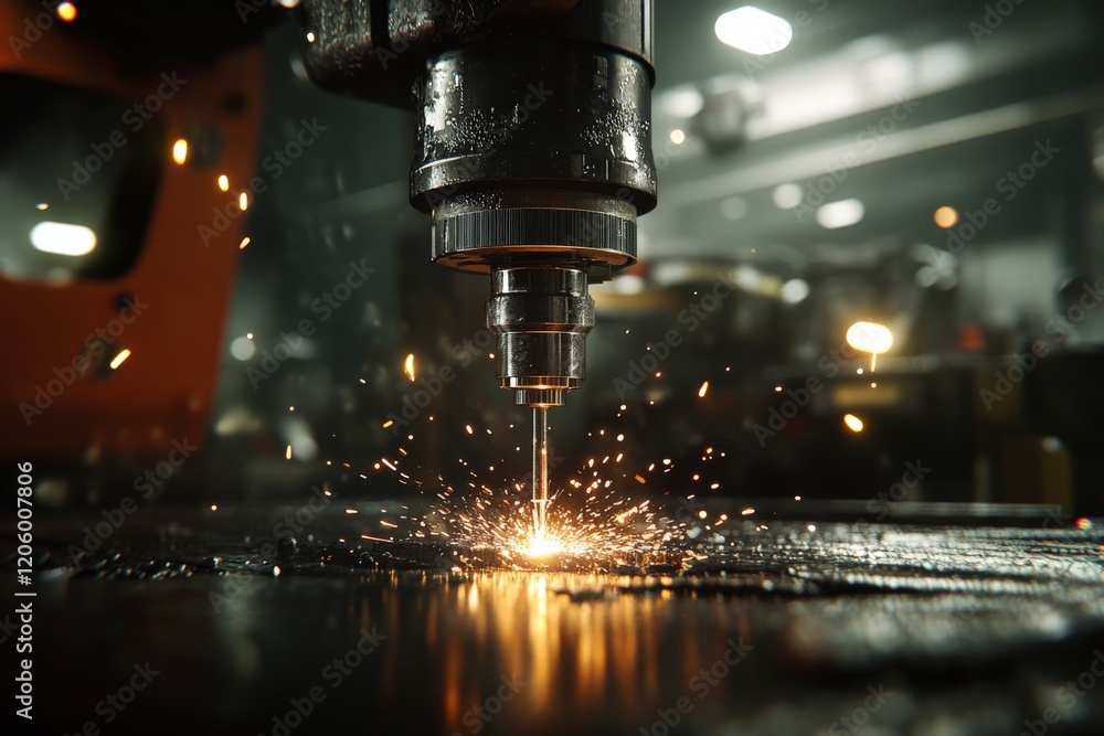 Industrial laser cutter making sparks while cutting metal sheet Industrial laser cutter making sparks while cutting metal sheet