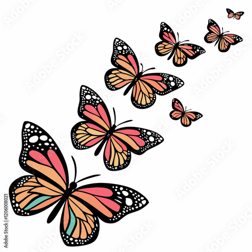 A collection of stylized, brightly colored butterflies arranged diagonally on a white background 