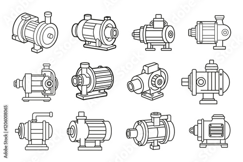 Water pump motor line art style vector illustration isolated on white background.