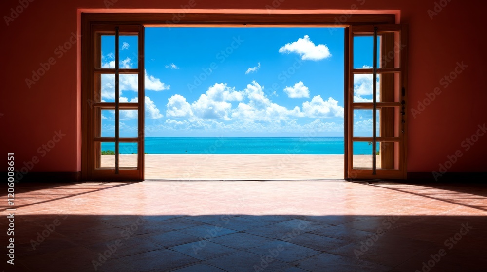 Obraz premium Wide-angle perspective from a luxury resort room shows open doors framing a stunning ocean and sky, creating a peaceful ambiance with bright sunlight
