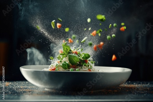 Vegetarian rice noodles with flying vegetables and steam cooking on dark background