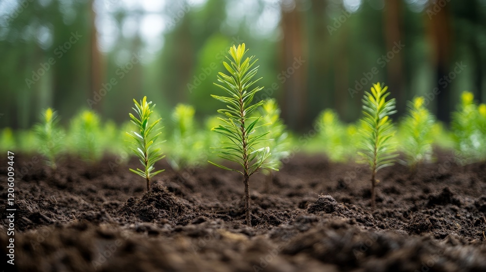 Rows of young evergreen seedlings planted in fertile soil, symbolizing reforestation efforts and environmental conservation, ideal for sustainability projects and educational campaigns. Rows of young evergreen seedlings planted in fertile soil, symbolizing reforestation efforts and environmental conservation, ideal for sustainability projects and educational campaigns.