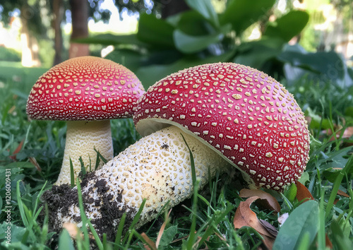 Stunning Red Mushrooms in a Lush Garden photo