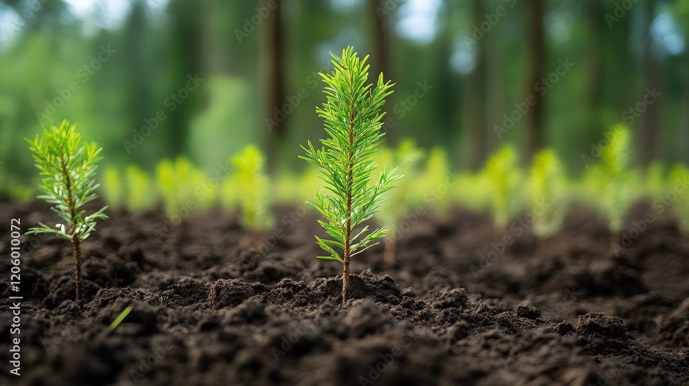 Rows of young evergreen seedlings planted in fertile soil, symbolizing reforestation efforts and environmental conservation, ideal for sustainability projects and educational campaigns. Rows of young evergreen seedlings planted in fertile soil, symbolizing reforestation efforts and environmental conservation, ideal for sustainability projects and educational campaigns.