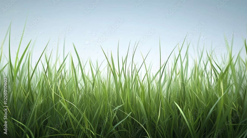Lush green grass against a soft blue background, evoking a sense of tranquility. Lush green grass against a soft blue background, evoking a sense of tranquility.