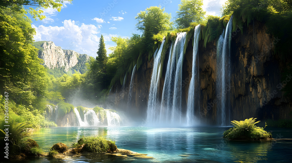 Fototapeta premium Two graceful waterfalls surrounded by lush greenery in a tranquil setting.