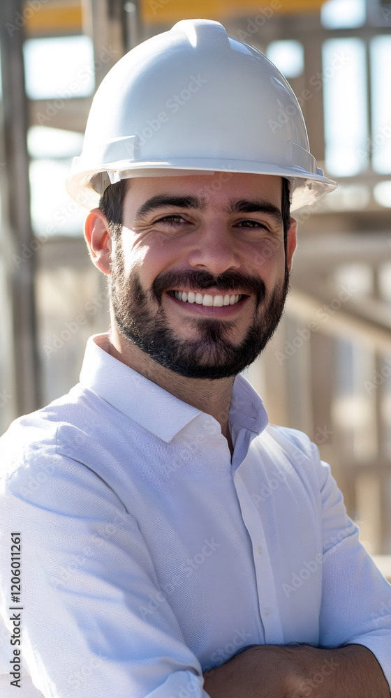 Portrait of a smiling engineer wearing a hardhat with crossed arms, posing at construction site Portrait of a smiling engineer wearing a hardhat with crossed arms, posing at construction site