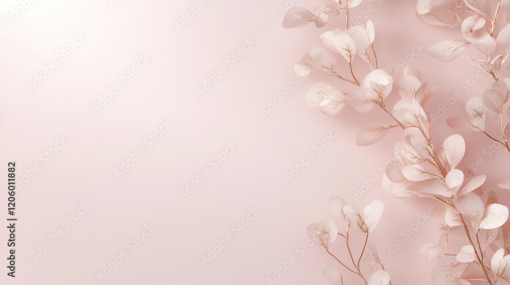 Naklejka premium Elegant minimalist wedding invitation design featuring sheer white leaves and a soft pink background