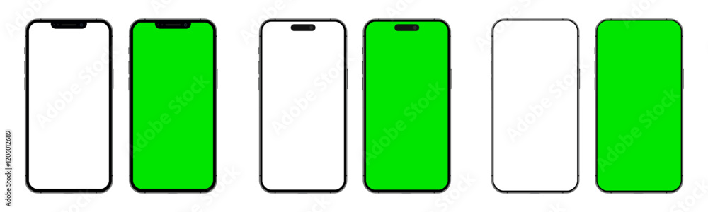 Smartphone mockup models set with white empty and green touch screen. Detailed mockup smartphone, model mobile collection Smartphone mockup models set with white empty and green touch screen. Detailed mockup smartphone, model mobile collection