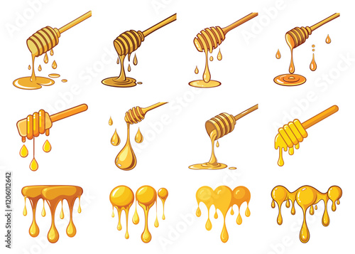 Honey Dripping Closeups Sweet Golden Drops vector illustration isolated on white background.