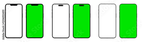 Smartphone mockup models set with white empty and green touch screen. Detailed mockup smartphone, model mobile collection