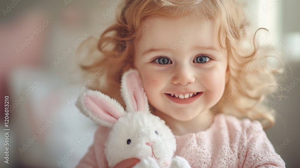 Joyful young girl smiling while holding a fluffy bunny toy at home during a sunny afternoon Joyful young girl smiling while holding a fluffy bunny toy at home during a sunny afternoon