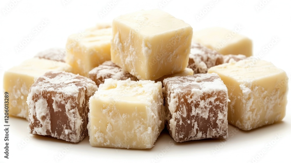 Assorted Vanilla and Chocolate Fudge Cubes on White Background Assorted Vanilla and Chocolate Fudge Cubes on White Background