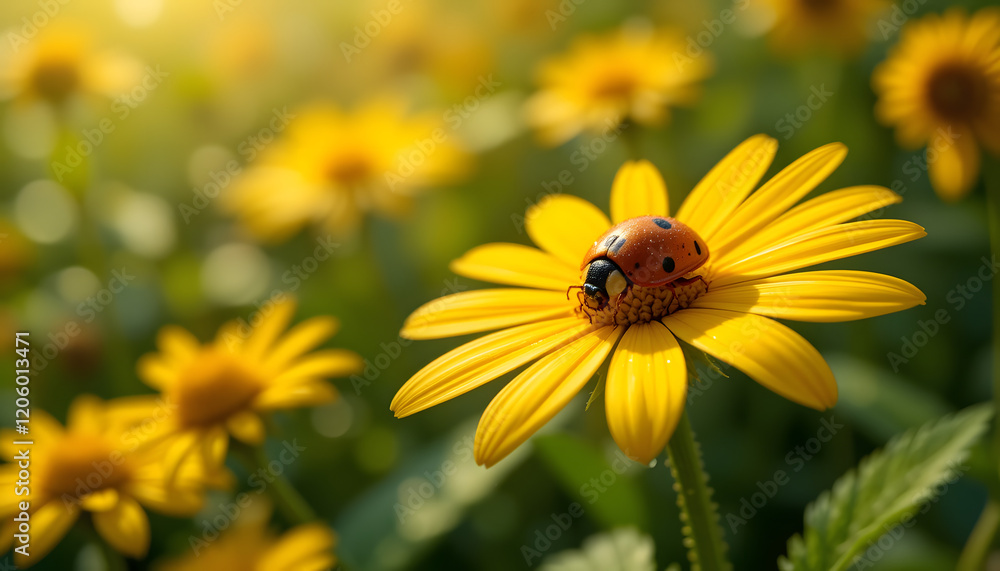 Ladybug on yellow daisy in sunlight Ladybug on yellow daisy in sunlight