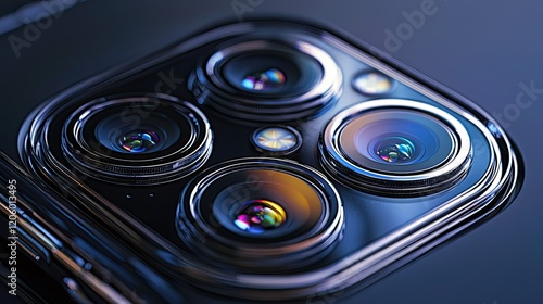 Macro view of a smartphone s camera module featuring a multi-lens arrangement with detailed reflections, emphasizing advanced technology.